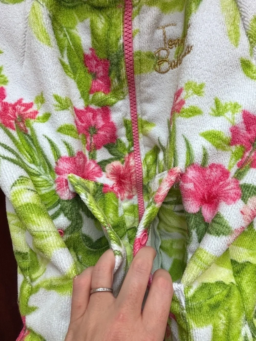 Tommy Bahama Golden Logo Hooded Towel Jacket w Pink Flowers & Lime Accents, EUC